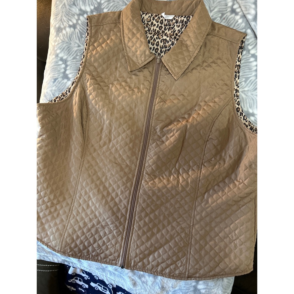Kim Rogers Womens 2X Tan Brown‎ Quilted Zip Front Vest Leopard Print Lining